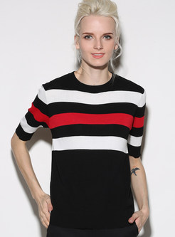 Stripe Matching Short Sleeve Knitted Sweater
