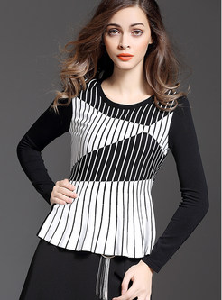 Stripe Matching Irregularity Knitted T-Shirt