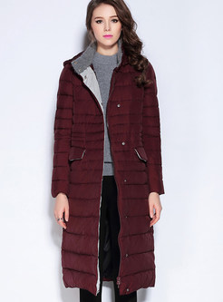 Pure Color Long Down Coat With Hat