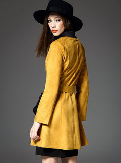 Square Collar Pocket Suede Patchwork Trench Coat