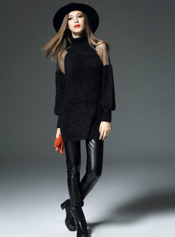 Turtle Neck Patchwork Wool Voile Sweater