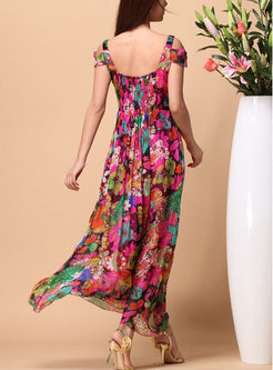 Multicolor V-Neck Print Patch Boho Maxi Dress