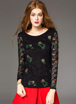Lace Embroidery Long Sleeve Slim T-Shirt