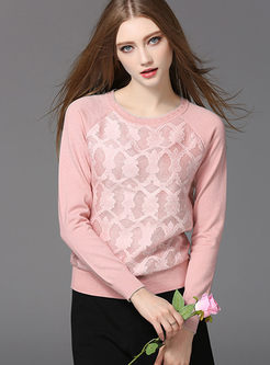 Elegant Lace Stitching Pure Color Sweater