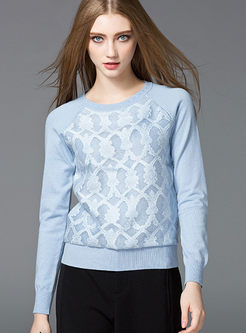 Elegant Lace Stitching Pure Color Sweater