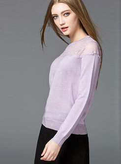 Fashion Lace Stitching O-neck Sweater