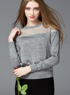 Fashion Lace Stitching O-neck Sweater