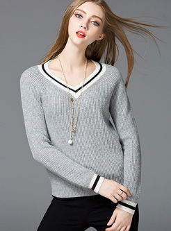 Casual Loose Hit Color V-neck Sweater
