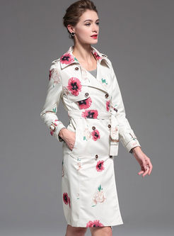 Turn Down Collar Floral Belt Stylish Trench Coat