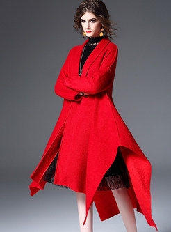 Pure Color Irregularity Woolen Coat