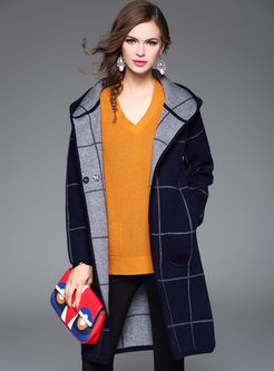 Hooded Plaid Brief Wool Causal Coat