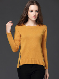 Pure Color Irregularity Double Zipper Knitted Sweater 