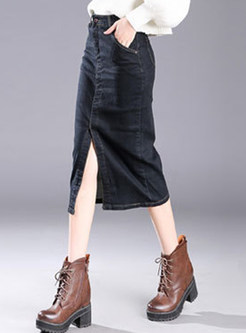 High Waist Slit Jeans One-step skirt