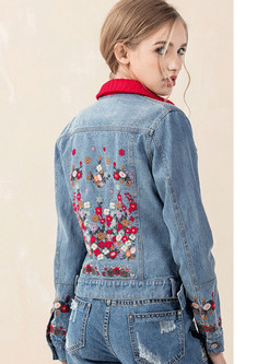 Knitted Collar Patchwork Embroidery Denim Coat
