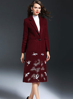 Brief Notched Wool Embroidery Trench Coat 