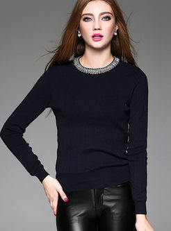 Slim Pure Color Bead Pullover Sweater