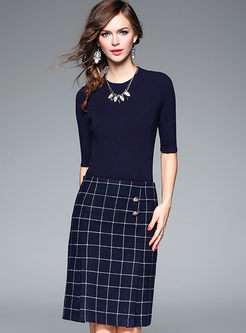 Brief Half Sleeve T-shirt Wool Plaid Skirt Outfits