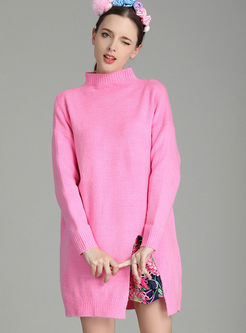 Brief High Neck Split Knitted Long Sweater