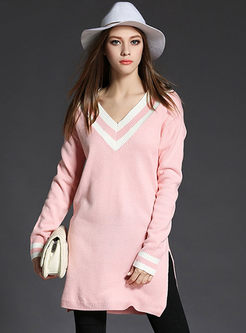 Sweet Color-matched V-neck Knitted Long Sweater