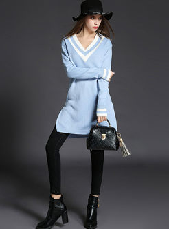 Sweet Color-matched V-neck Knitted Long Sweater