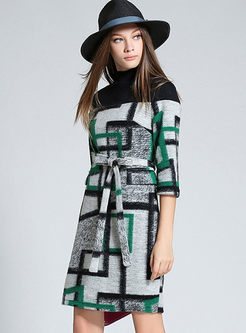 Vintage Geometric Pattern Belted Knitted Dress