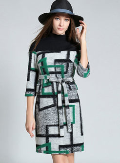 Vintage Geometric Pattern Belted Knitted Dress