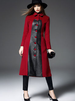 Vintage Turn Down Collar Patchwork PU Trench Coat