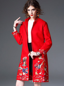 Embroidery Woolen Straight Coat