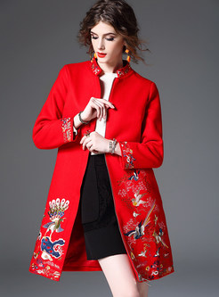 Embroidery Woolen Straight Coat