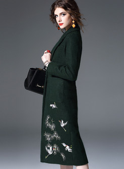 Pure Color Embroidery Long Straight Coat