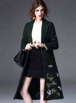 Pure Color Embroidery Long Straight Coat