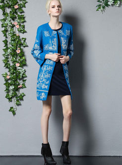 Vintage Embroidered Wool O-neck Trench Coat