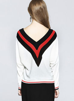V-neck Patchwork Hit Color Pullover Sweater