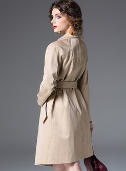 Pure Color Long Sleeve Belt Trench Coat