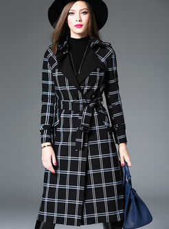 Brief Long Sleeve Plaid Slit Trench Coat