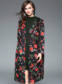 Vintage Floral Stylish Hooded Straight Trench Coat