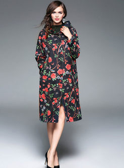 Vintage Floral Stylish Hooded Straight Trench Coat