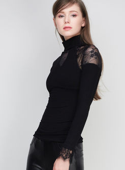 Chic Stitching Hollow Slim Lace Turtle Neck Sweater