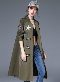 Casual Stand Collar Floral Long Sleeve Trench Coat