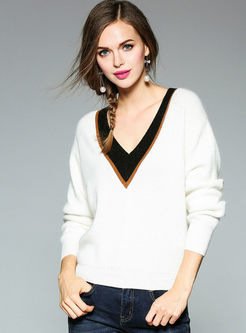 Brief Hit Color V-neck Stitching Sweater