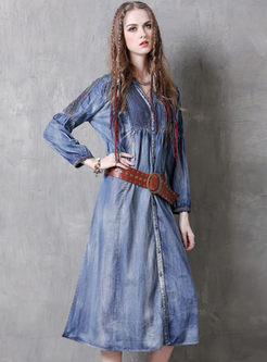 Ethnic Embroidery Single-breasted Denim Maxi Dress
