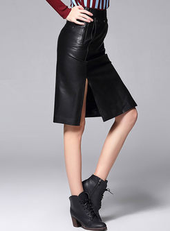 Sexy Black Slit Bead Skinny Leather Skirt