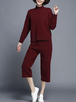 Fashion Turtle Neck Pure Color Two-Piece Outfits