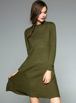 Army Green Big Hem O-neck A-line Knitted Dress
