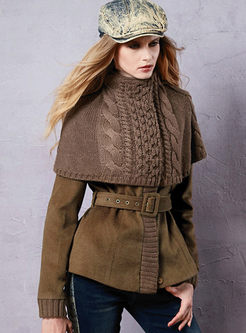 Brown Slim Belted Poncho Wool Blended Coat