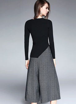 Fashion Asymmetrical Hem Sweater & Wide Leg Pants Suits 