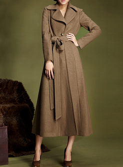 Brief Turn Down Collar Long Wool Trench Coat