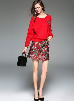 Sweet Pure Color Sweater & Jacquard Bodycon Skirt Suits
