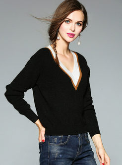Brief Hit Color V-neck Stitching Sweater