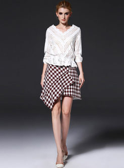 Vintage Grid Asymmetric Patch A-line Skirt